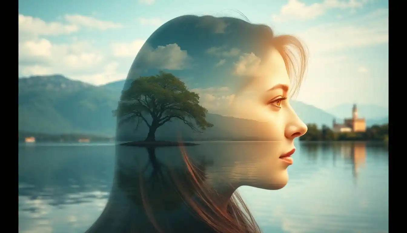 Serene female profile merging with tranquil lake landscape