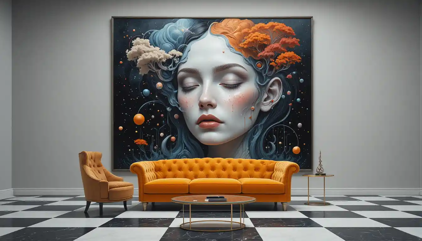 Surreal female face with abstract cosmic shapes and tear