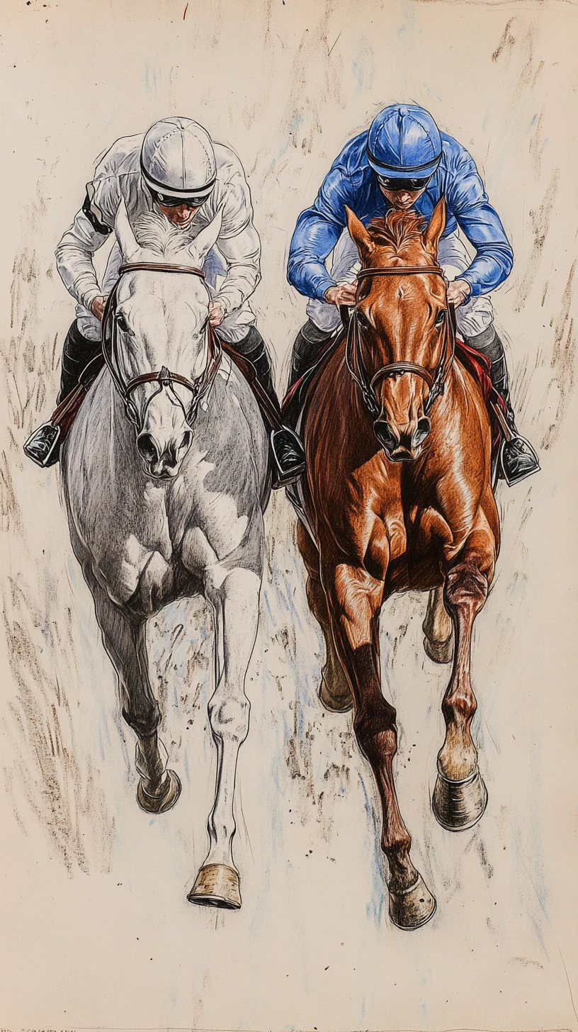 Racehorses galloping toward the viewer in dynamic pencil sketch