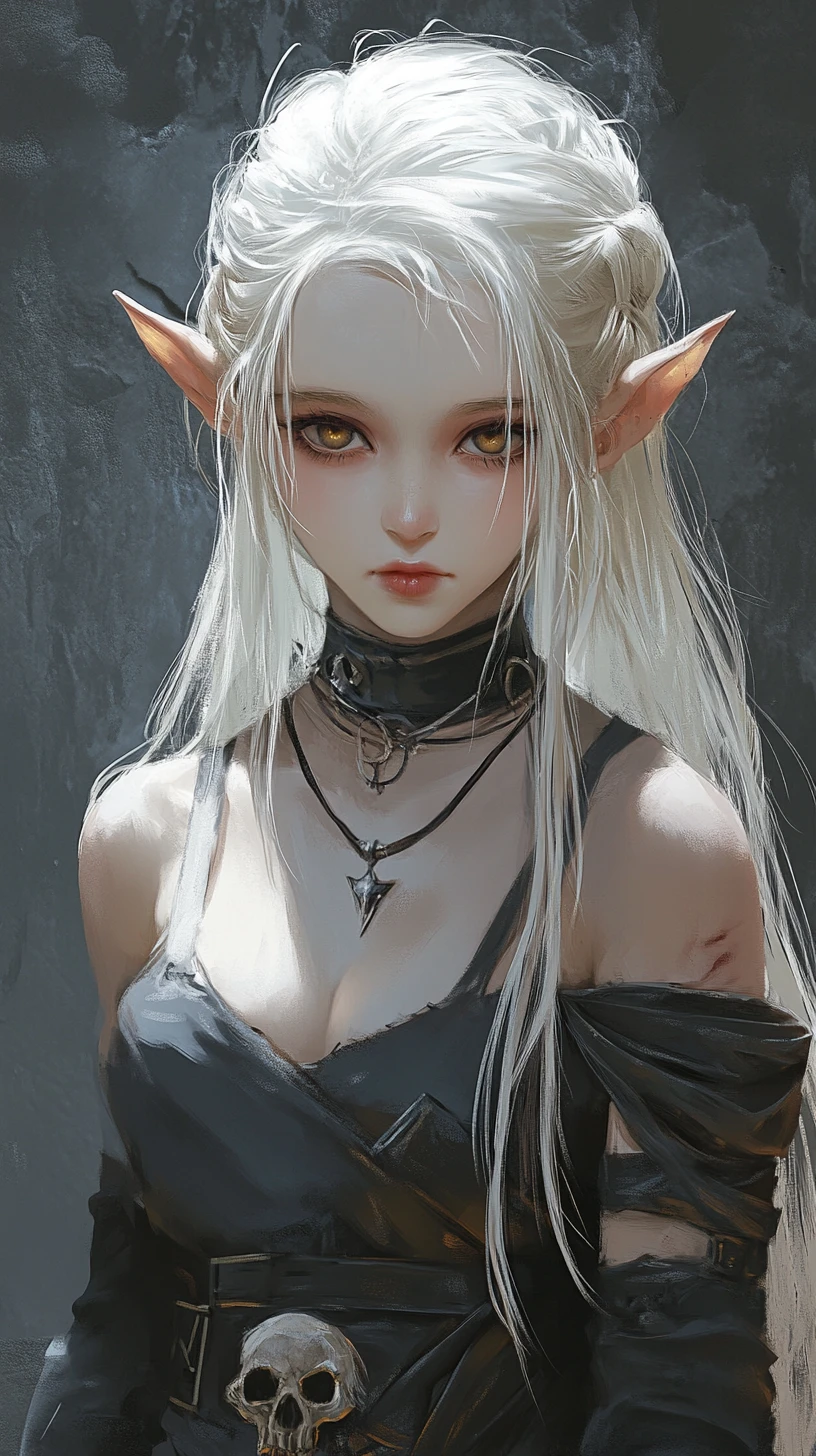 Stoic pale elf girl in layered tribal fantasy outfit