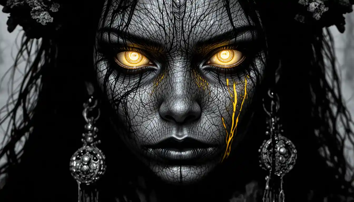 Surreal close up of a woman transforming with glowing eyes