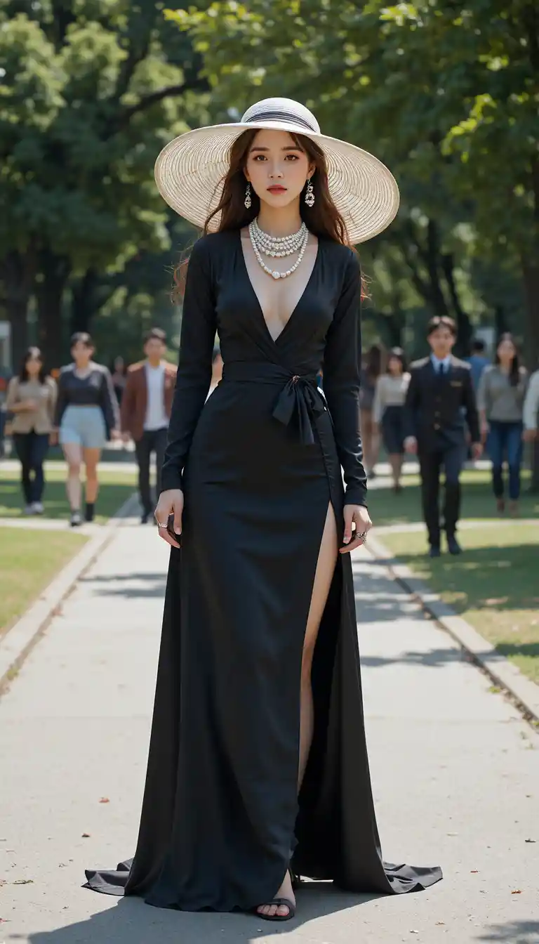 Confident fashion woman in black gown in city park