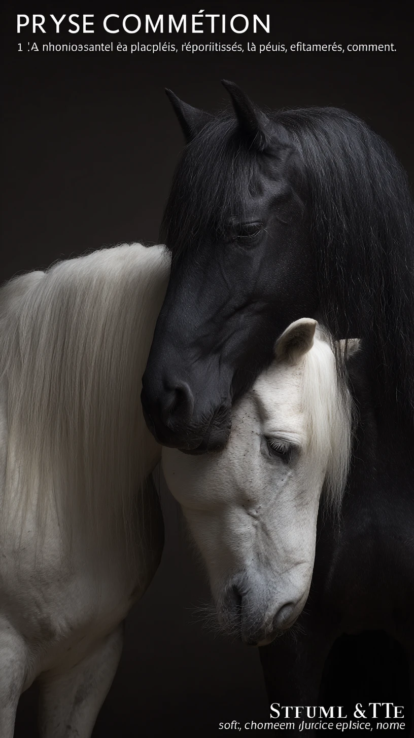 Intimate close up portrait of black and white horses