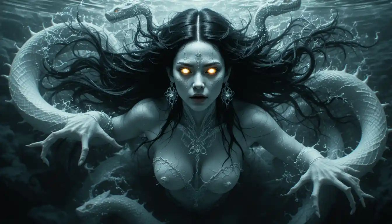Spectral woman floating above dark serpent haunted water