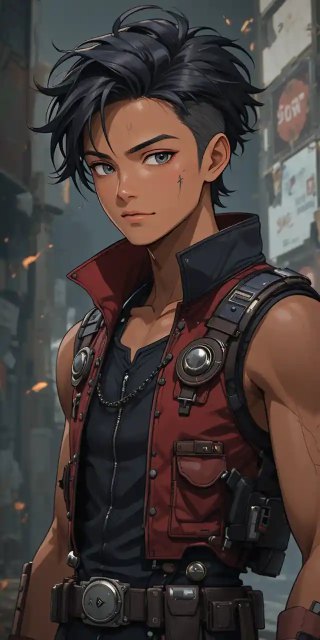 Clever young anime rogue with dark outfit and gadgets