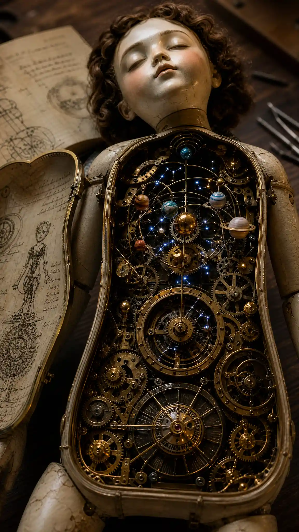 Open mechanical doll torso revealing intricate brass clockwork
