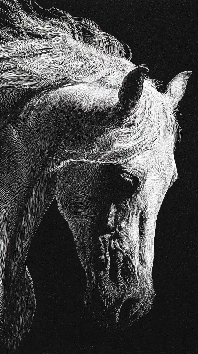 White arabian horse close up in dramatic scratchboard art