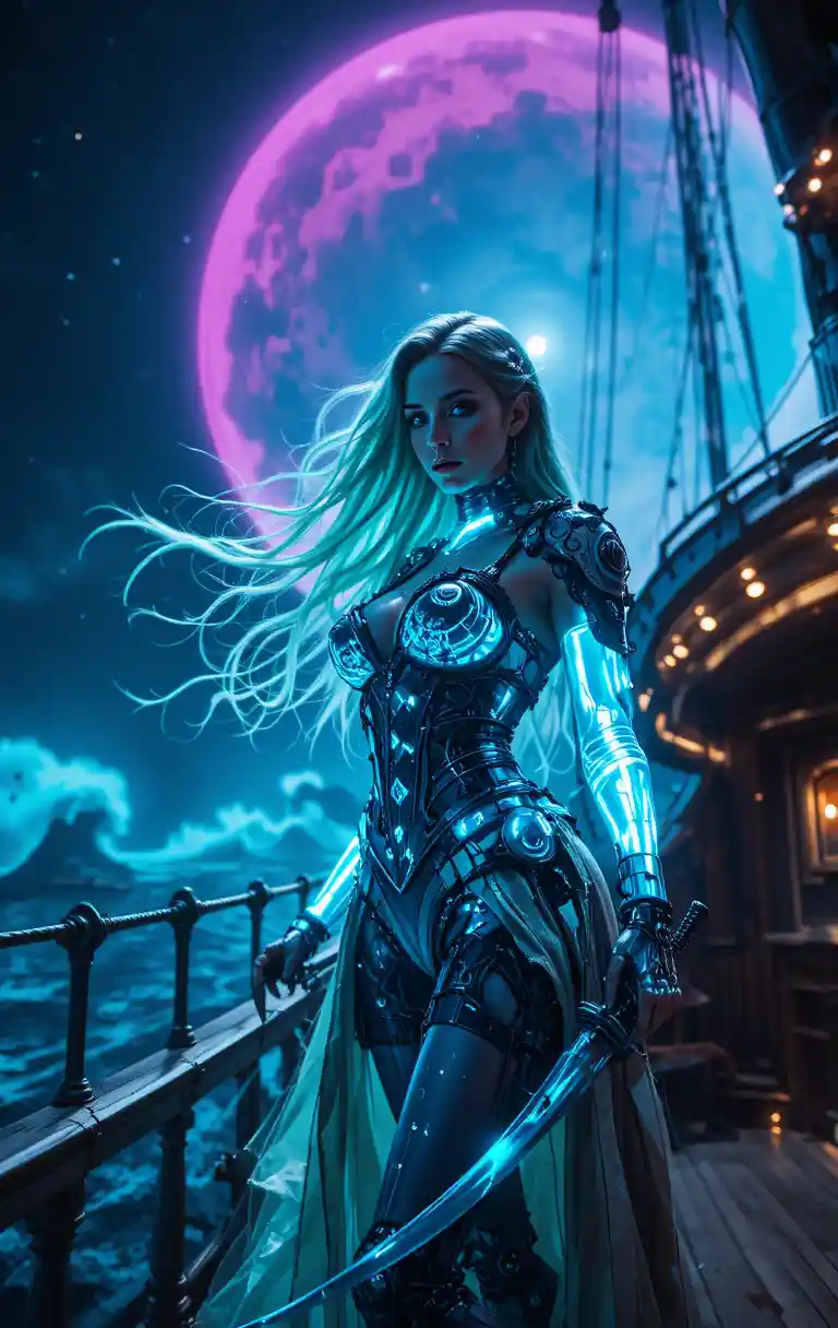 Cybernetic pirate princess on a neon biomechanical galleon deck