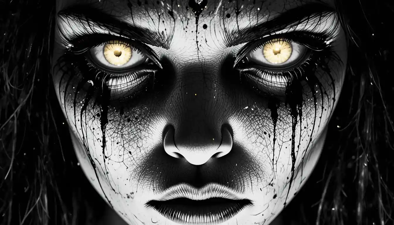 Surreal Close Up Of A Woman Transforming With Glowing Eyes