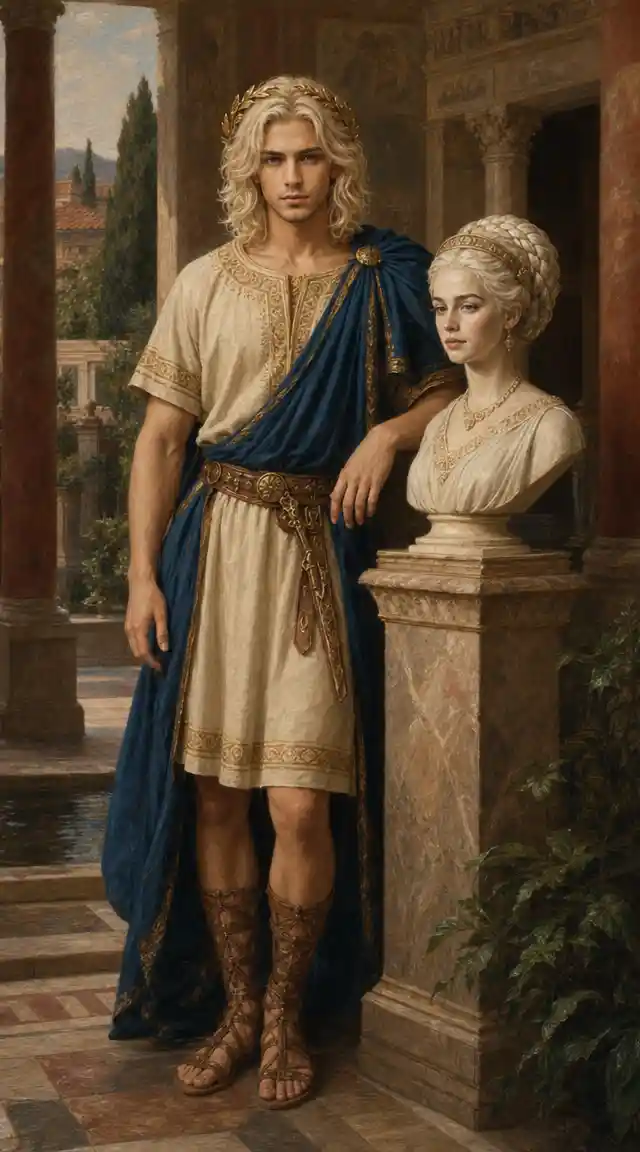 Roman nobleman with laurel wreath on villa terrace
