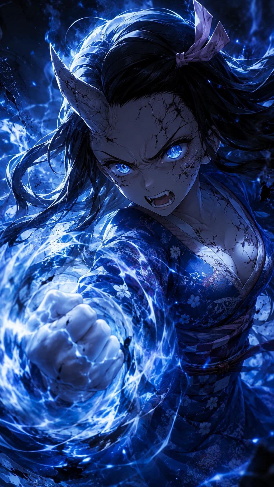 Dämonisches Anime-Mädchen mit leuchtender blauer Energiefaust