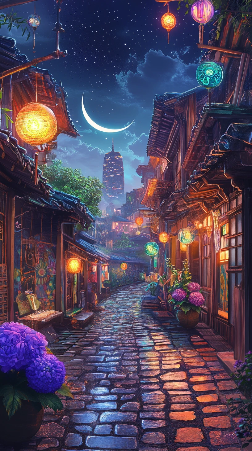 Psychedelic lantern lit alley with ornate eastern architecture