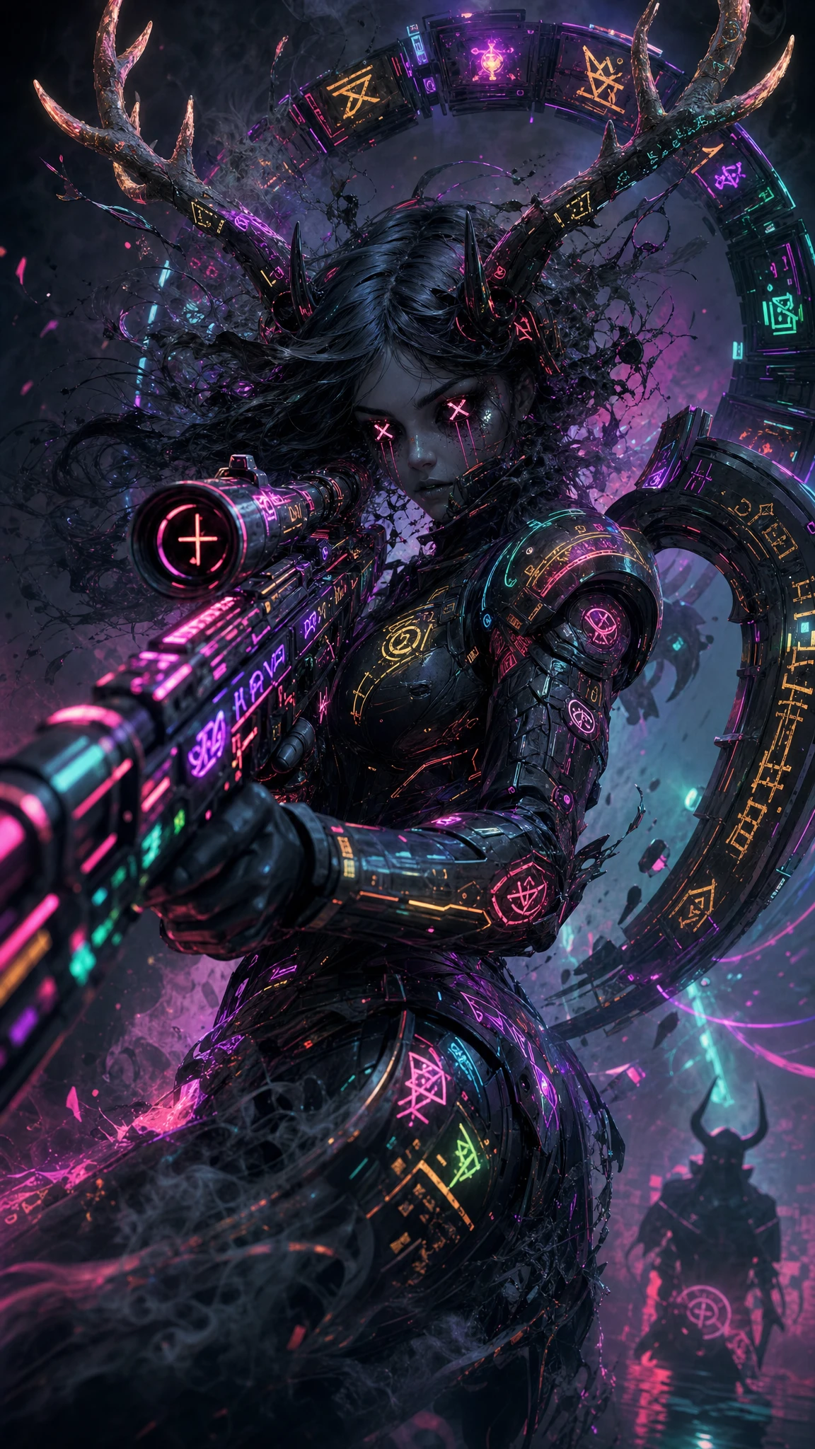 Cyberpunk woman with neon sniper rifle and antlers