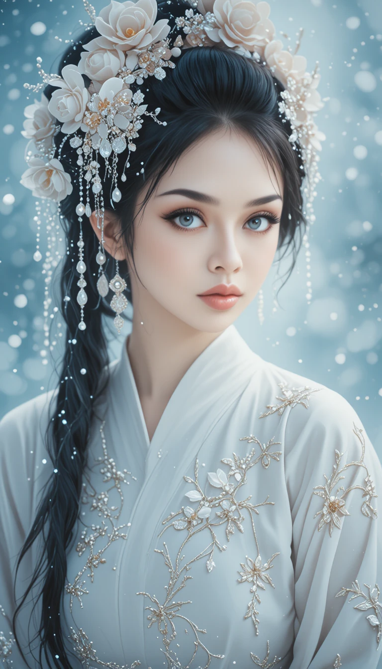 Young woman in white kimono with winter snow background