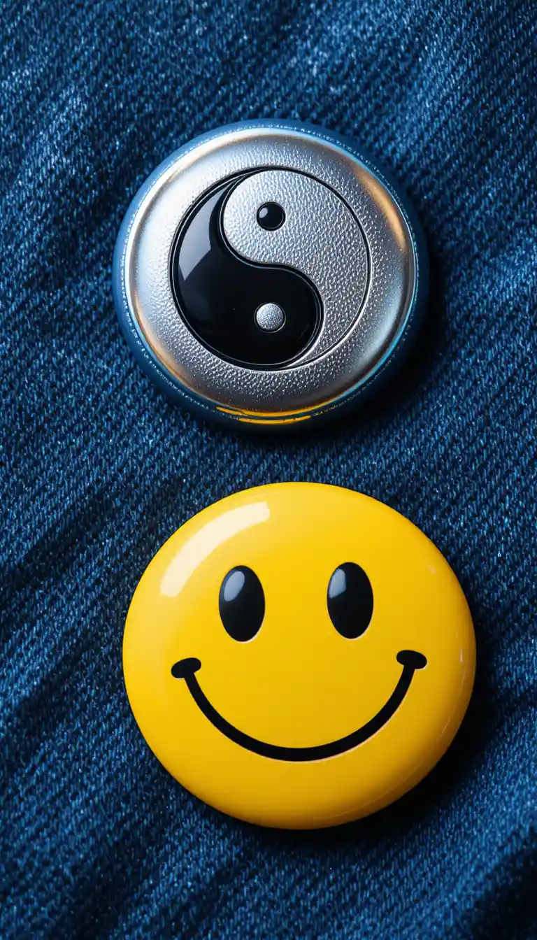 Two decorative buttons on dark blue denim fabric background