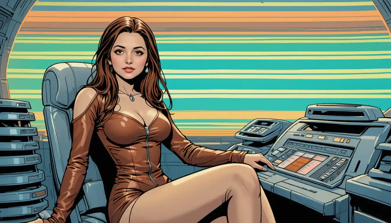 Sci fi woman at control panel in striped futuristic room