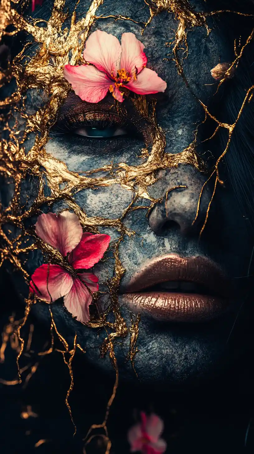 Surreal split portrait with floral bursts and shadowed textures