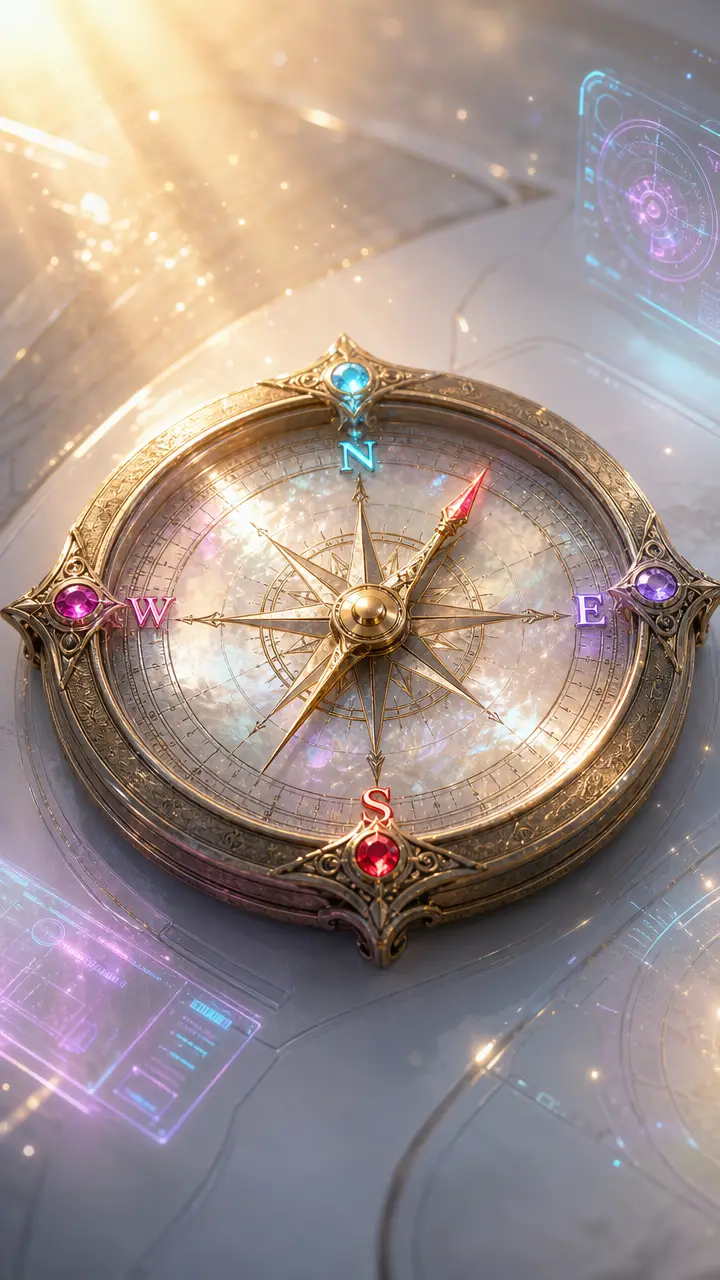 Antique brass compass on sleek white futuristic surface
