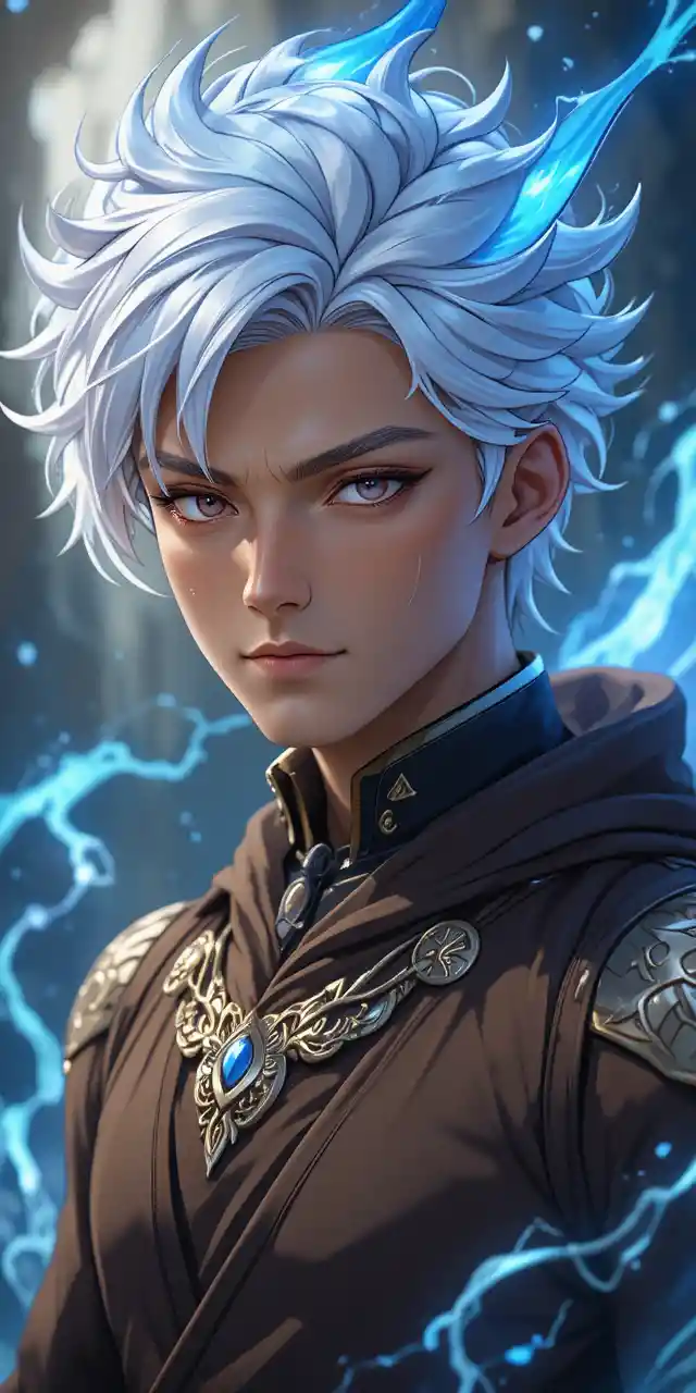 Anime eliatrope man with glowing antlers in brown tunic