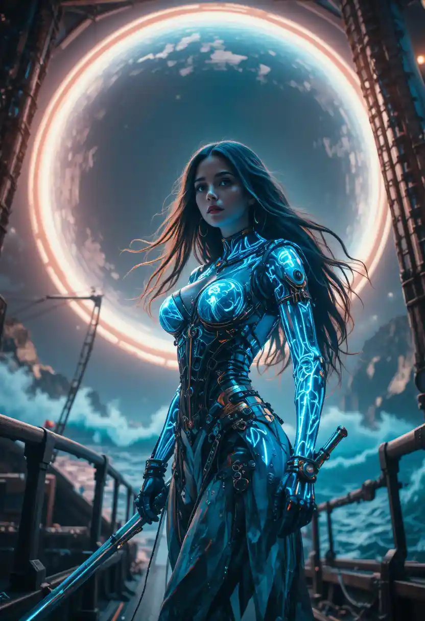 Cybernetic pirate princess on a neon biomechanical starship deck