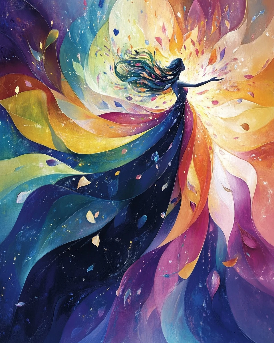 Ethereal woman drifting through radiant cosmic nebula clouds