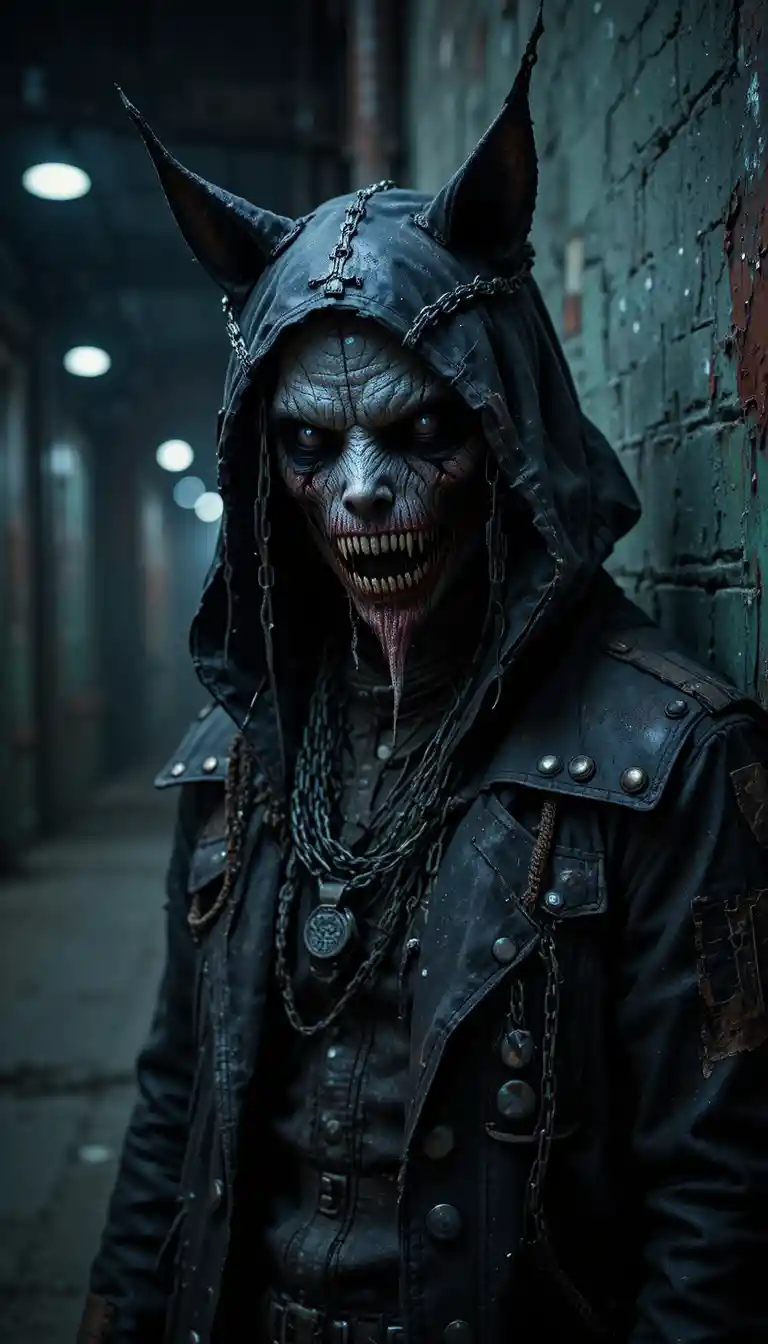 Creepy humanoid creature in hooded cat mask