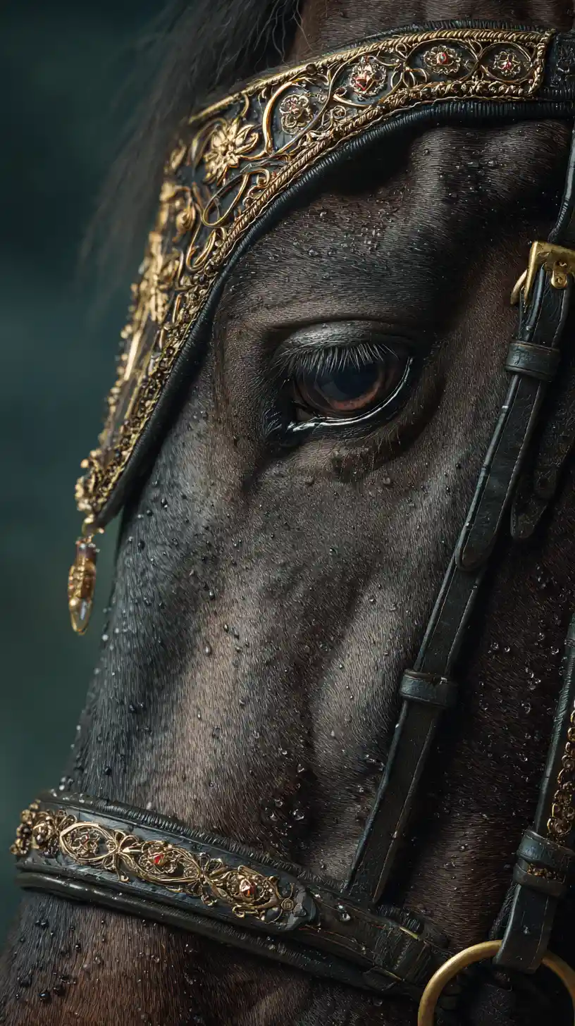 Dramatic close up portrait of a dark bay horse