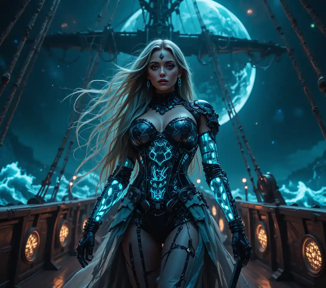 Cybernetic pirate princess on a neon biomechanical galleon