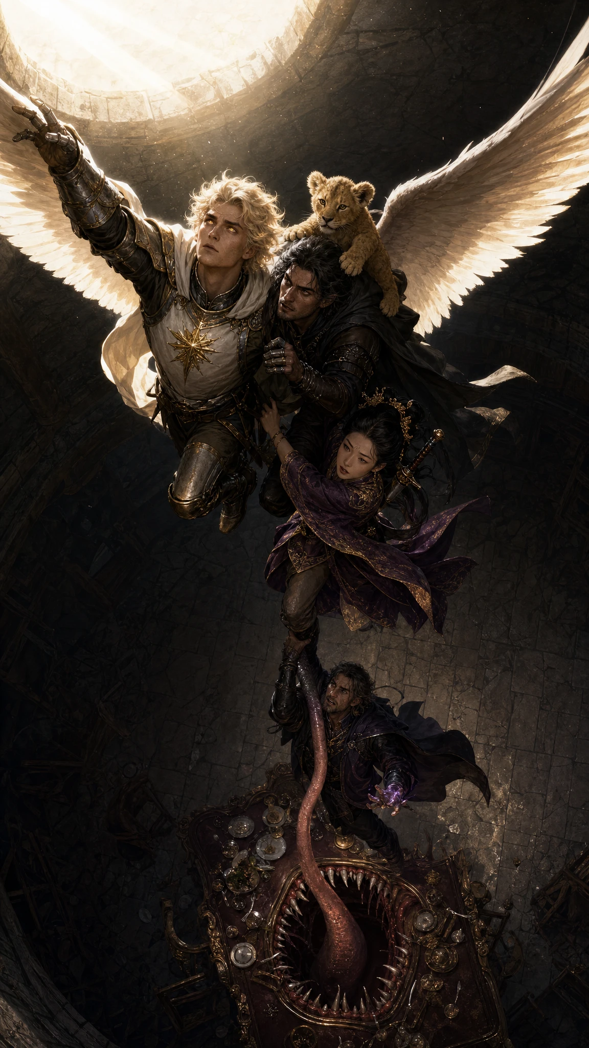 Winged paladin carrying companions upward through sunlit chamber