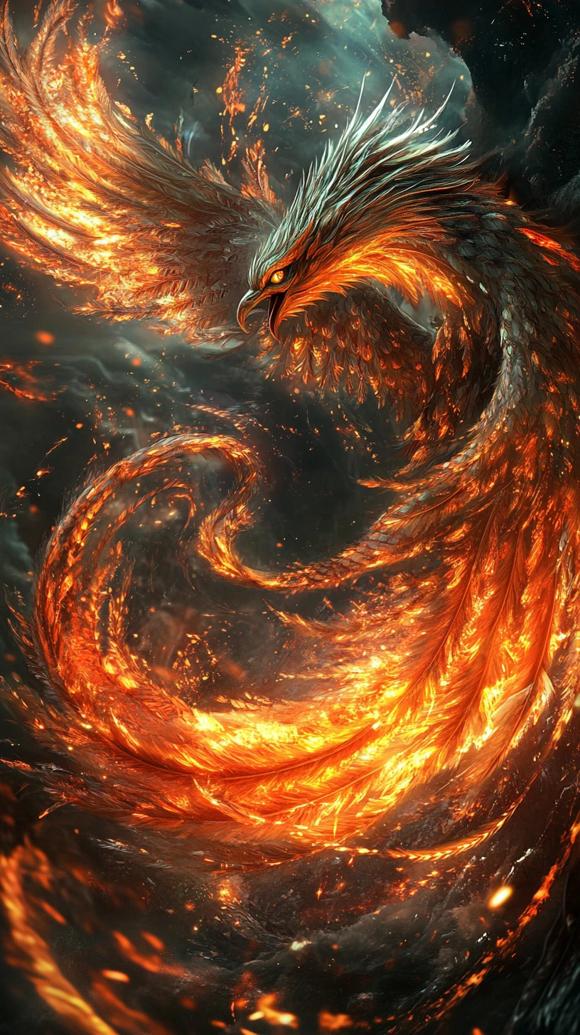 Hybrid phoenix serpent swirling in a fiery vortex