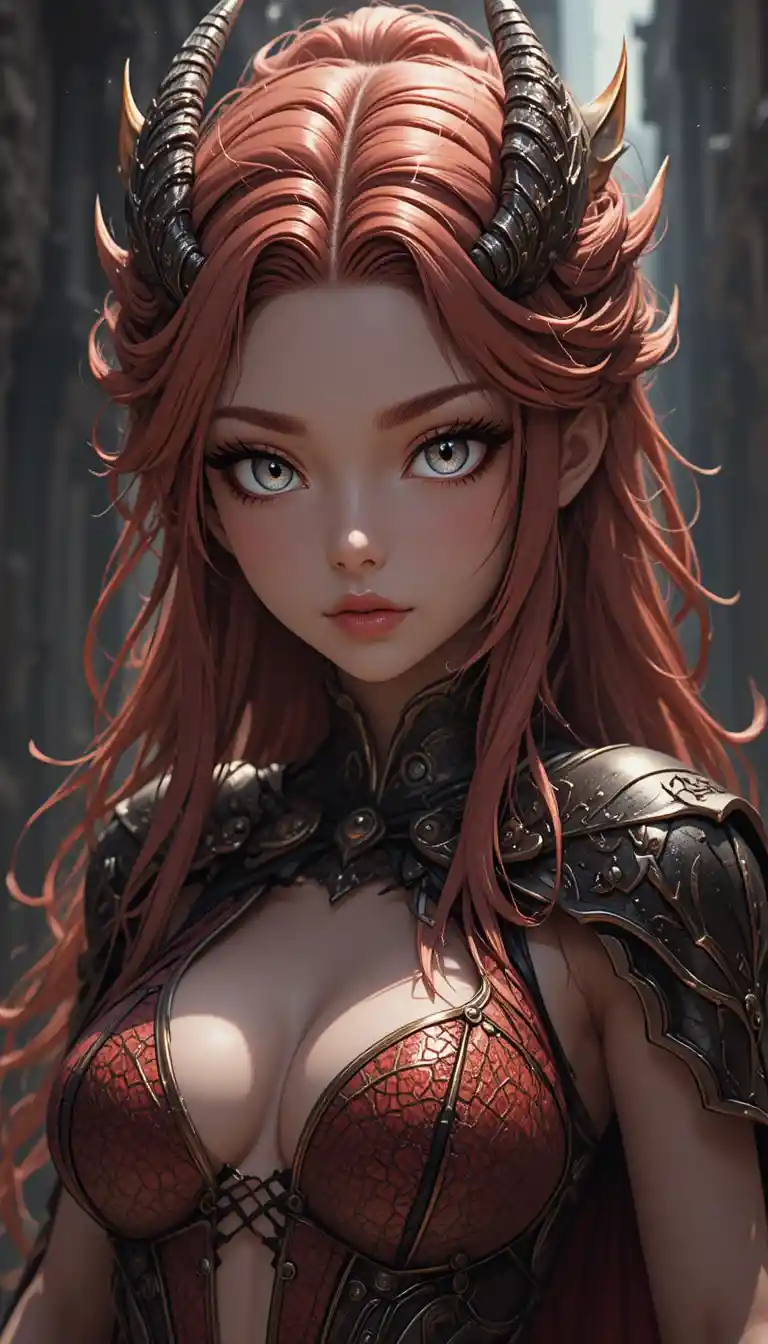 Muscular dragon woman warrior in red and black armor