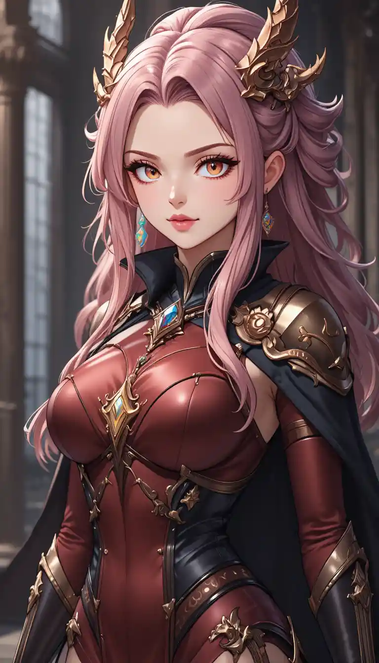Muscular dragon horned warrior woman in red battle armor