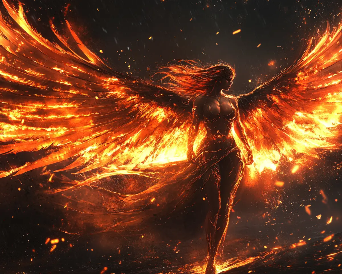 Anjo sombrio com asas em chamas em pose poderosa e dramática