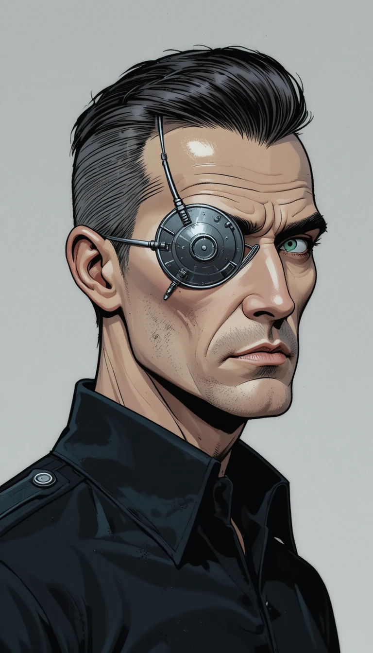 Stern older man with metal eye patch in black uniform