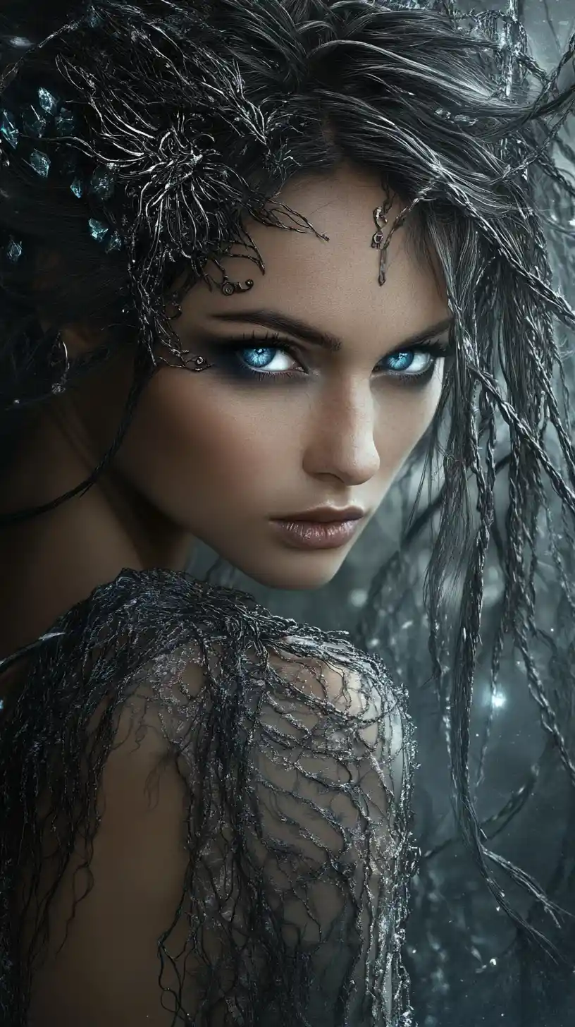 Mystical woman with metallic hair and glowing blue eyes
