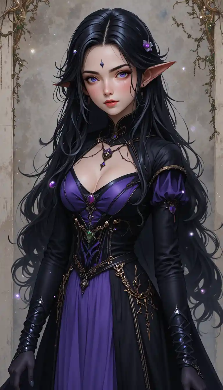 Elegant young anime witch girl in dark flowing robes