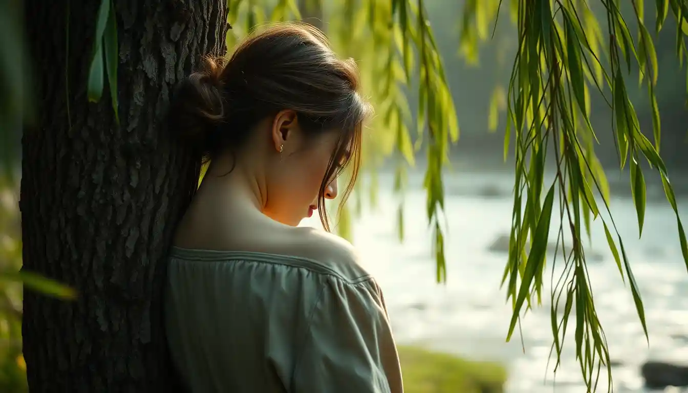 Woman resting against a willow tree beside misty river
