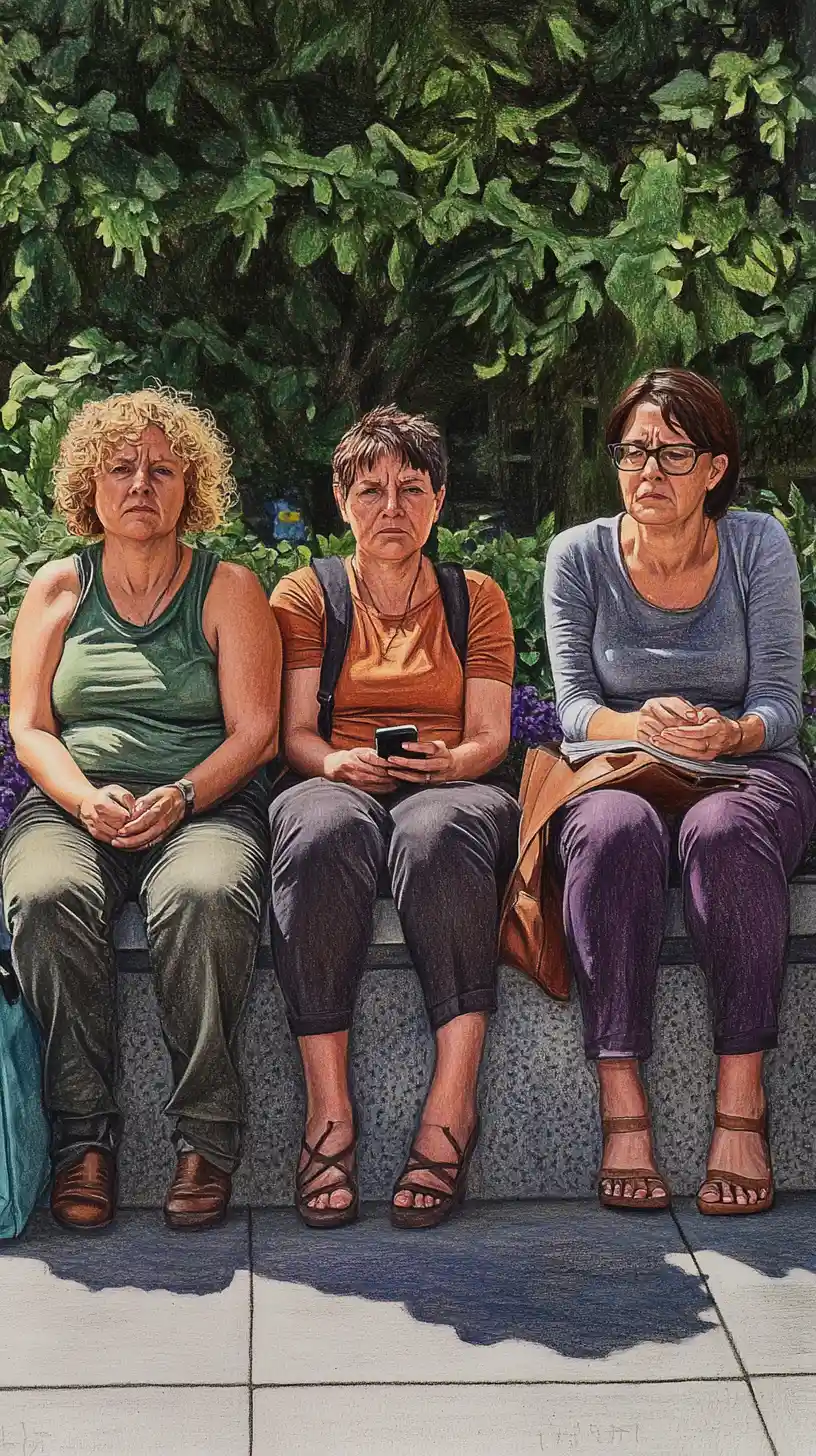 Three middle aged women sitting on a city stone bench