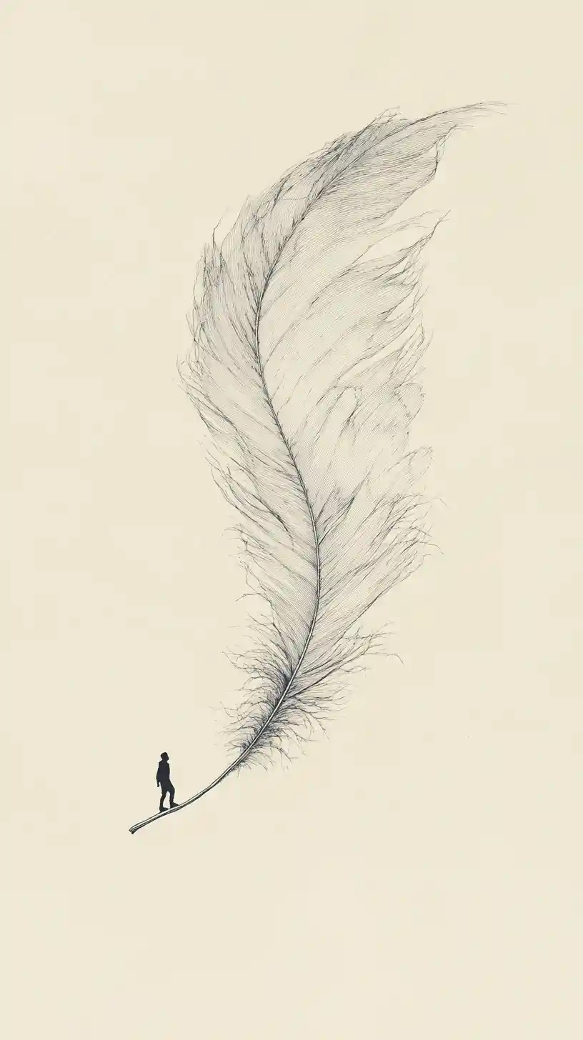 Giant floating feather bending a surreal warped landscape