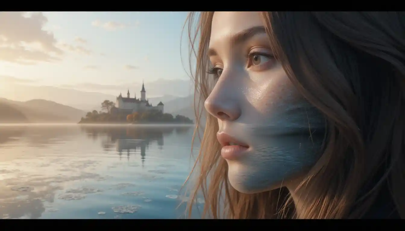 Surreal woman face merging with tranquil lakeside landscape