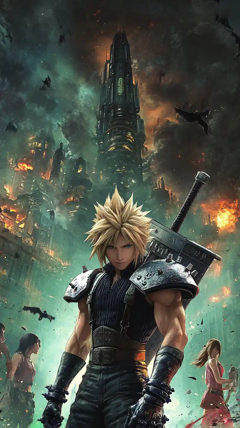 Blonde warrior holding greatsword in ruined dark city