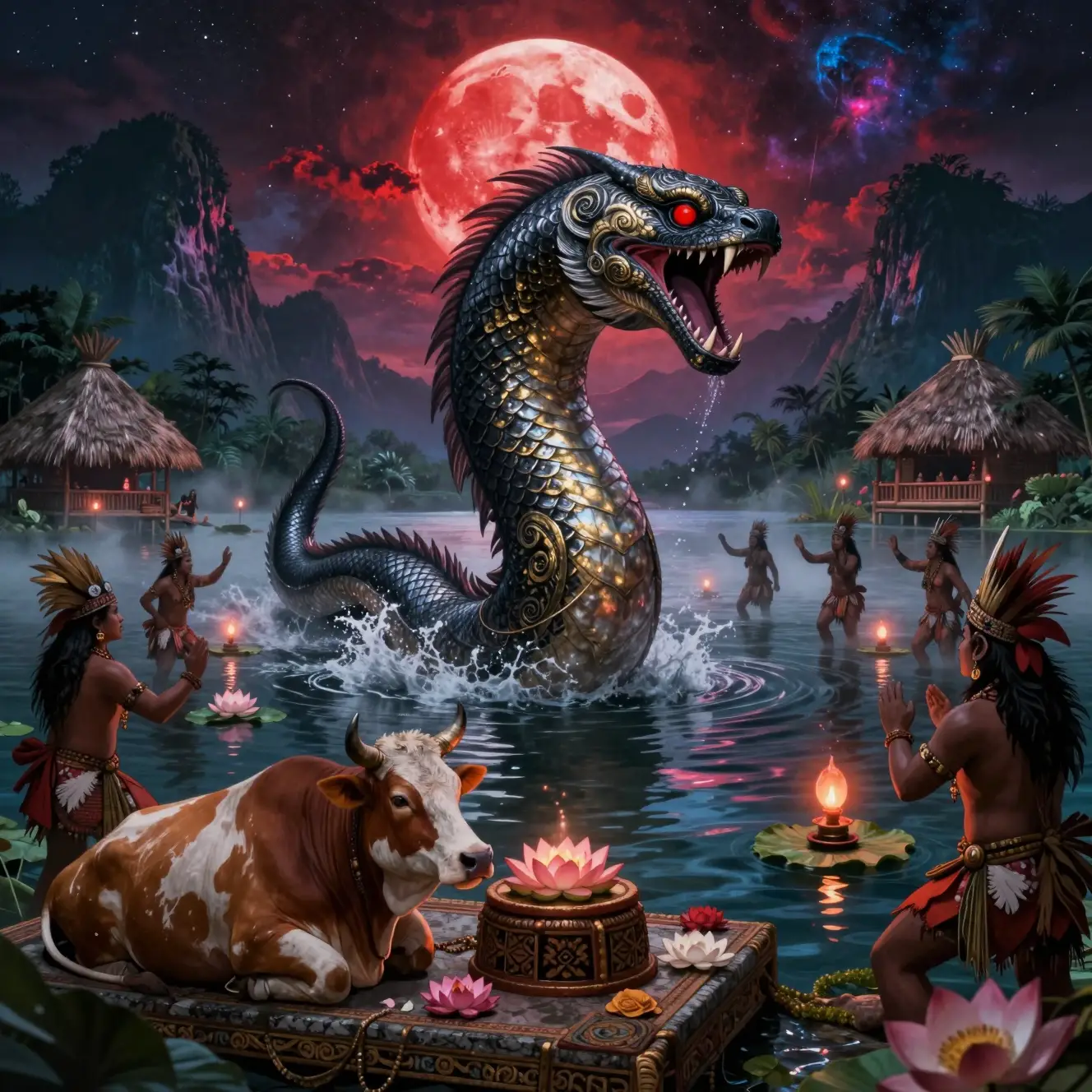 Mythic sea serpent rising from a moonlit ritual lake
