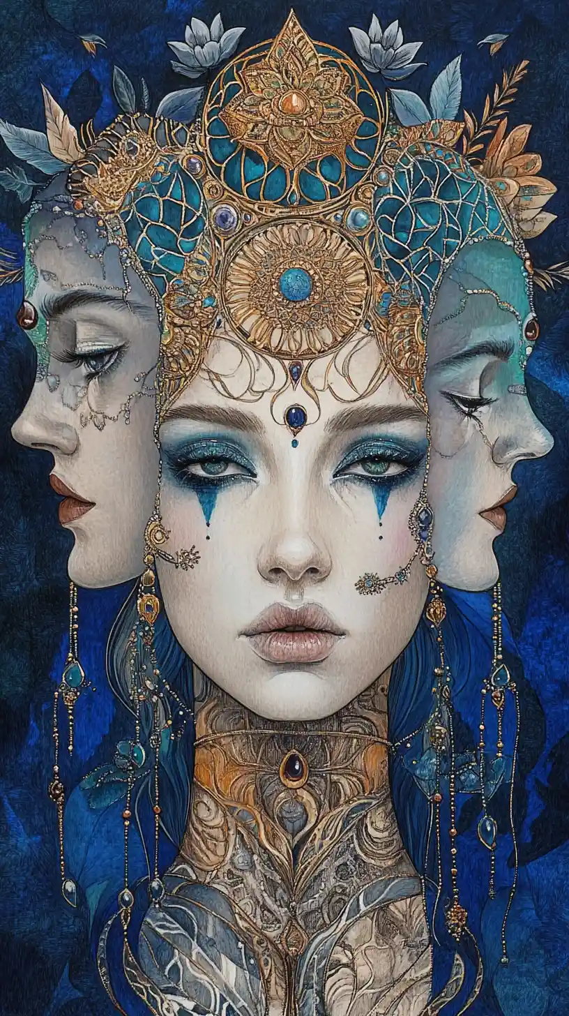 Surreal overlapping female faces with jeweled lotus headdress