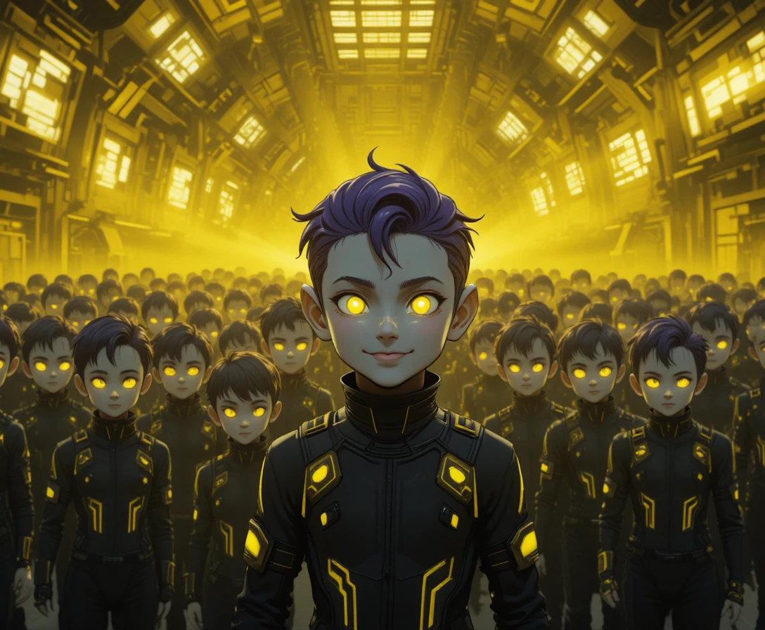 Smiling gray toddlers in neon sci fi facility