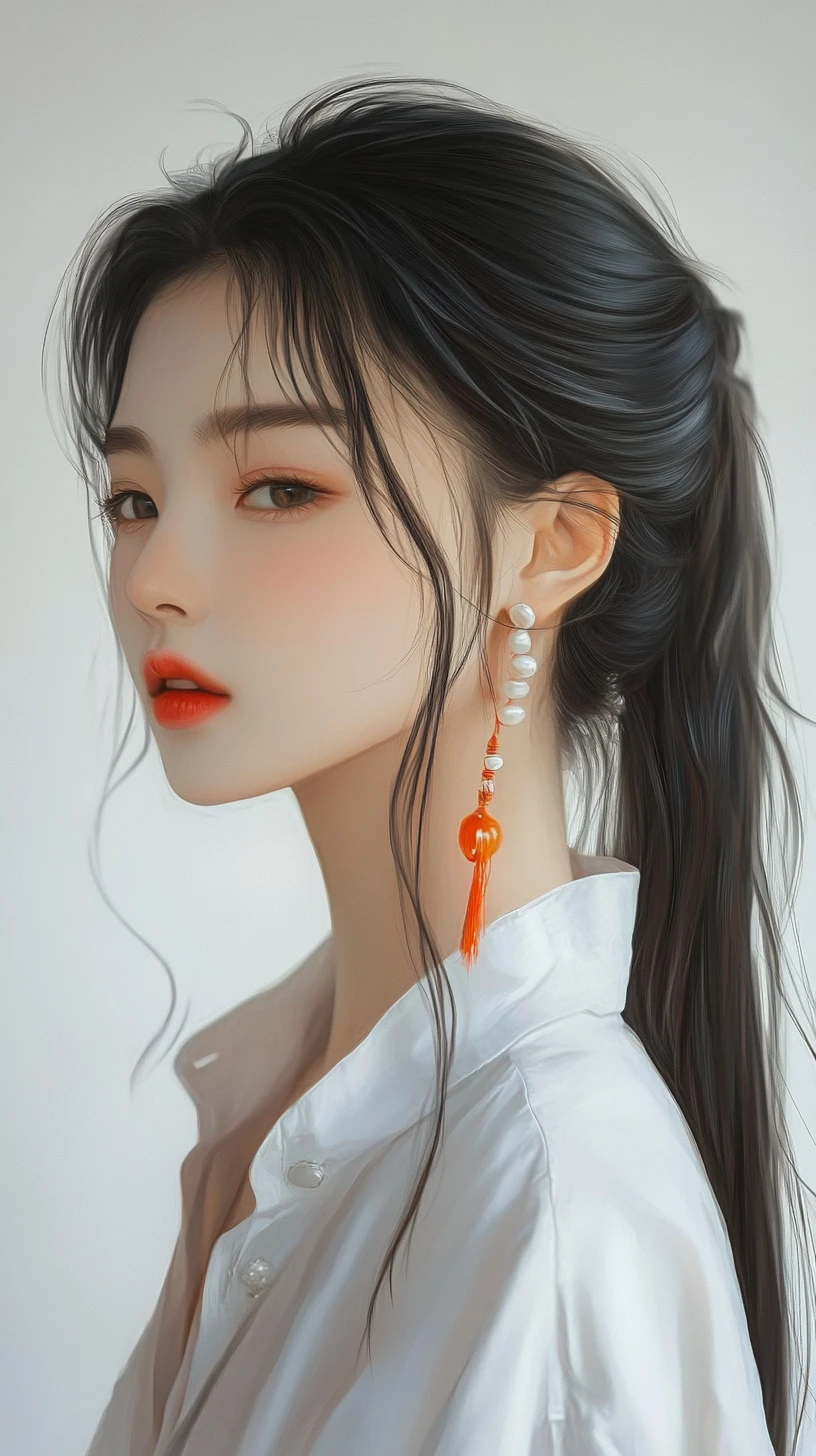 Serene Asian girl portrait with closed eyes and orange accents