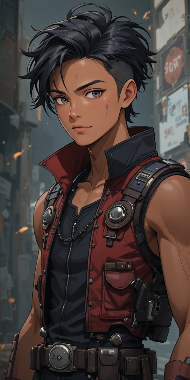 Clever young anime rogue with dark outfit and gadgets