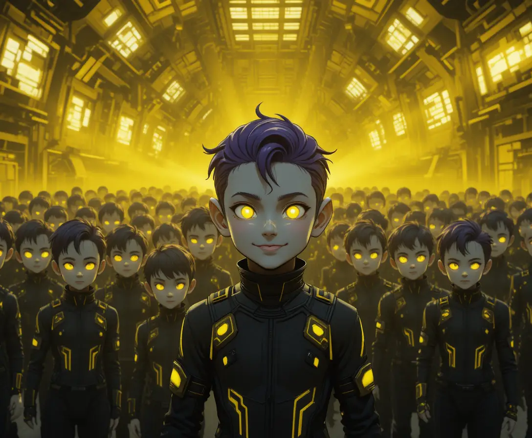 Smiling gray toddlers in neon sci fi facility