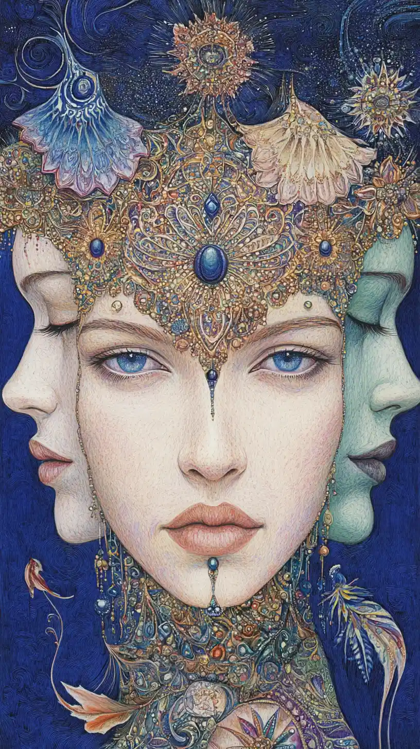 Surreal overlapping female faces with jeweled lotus headdress