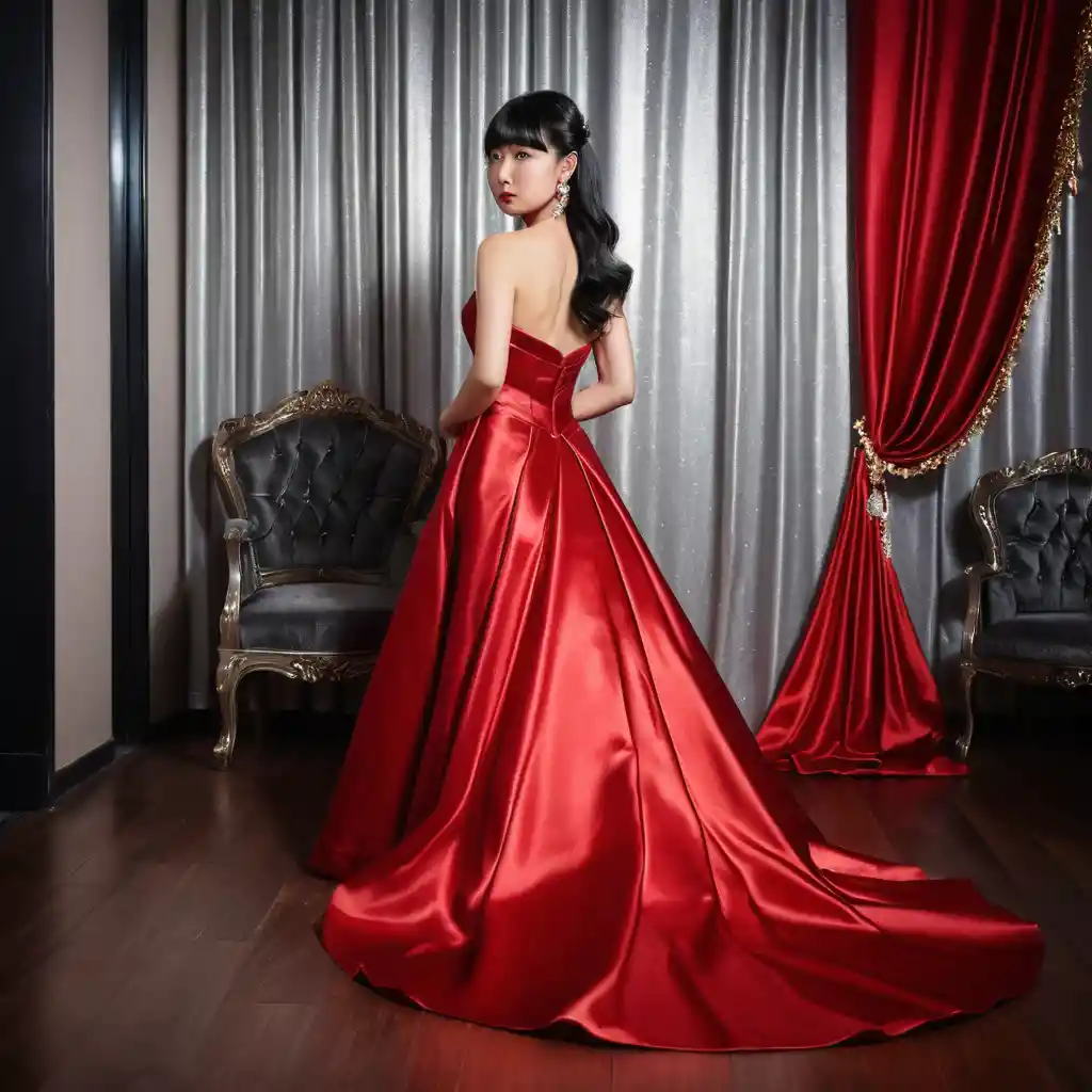 Elegant Japanese girl in scarlet satin strapless dress