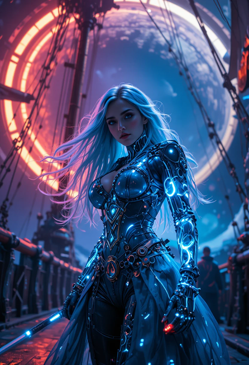 Cybernetic pirate princess on a neon biomechanical ship